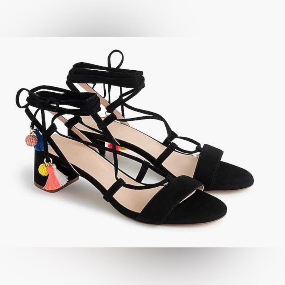 J.Crew ankle wrap block heel black suede sandal 7 like new